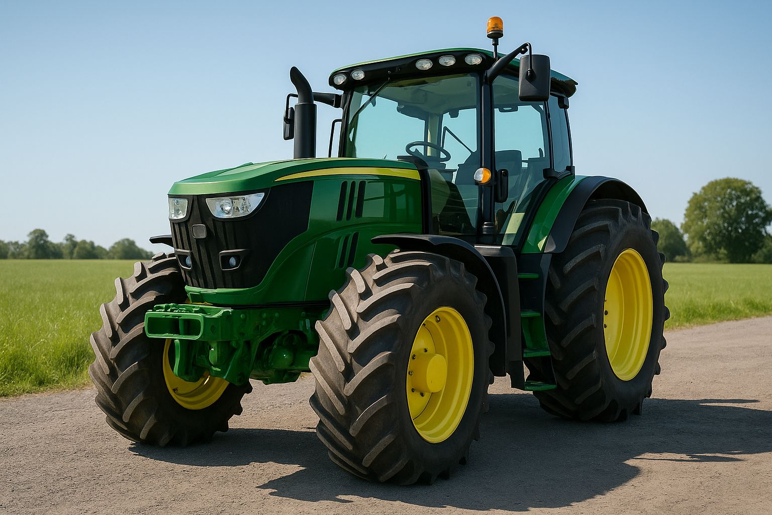 Folk granskar stora lantbruksmaskiner på en utomhusauktion